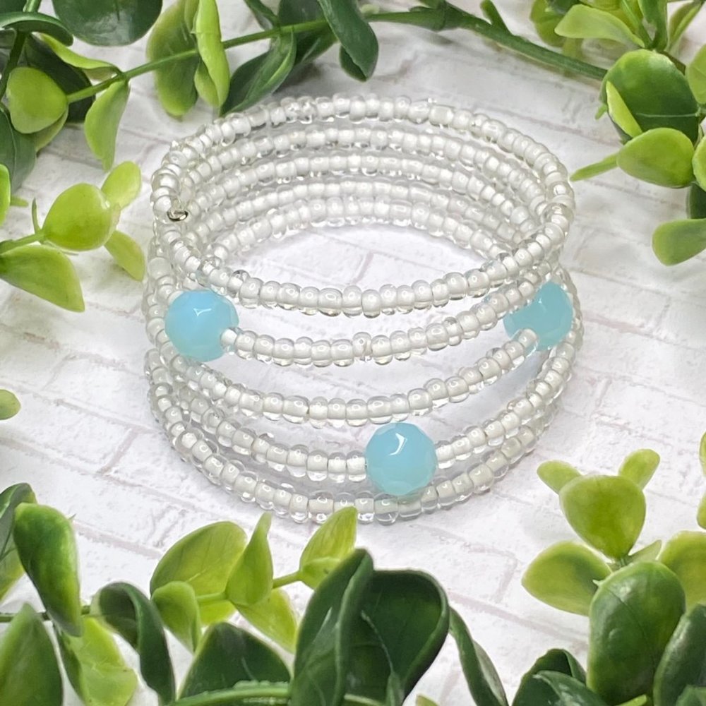 #42 White Blue Glass Bead Spiral Coil Cuff Bracelet